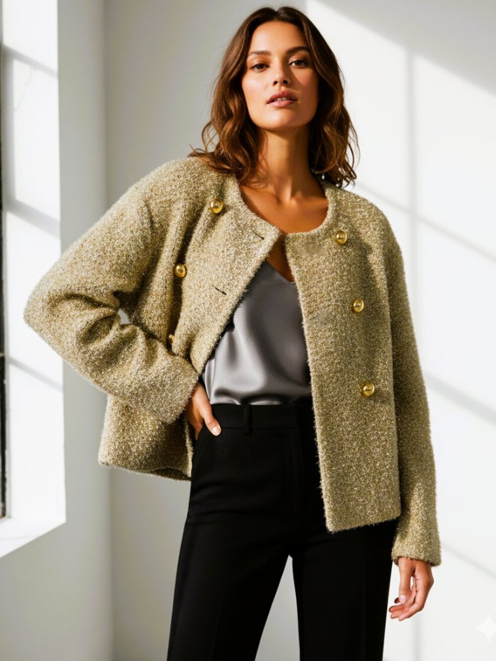 J.Crew Collection Metallic Gold Boucle Tweed Double Breasted Blazer Size Medium